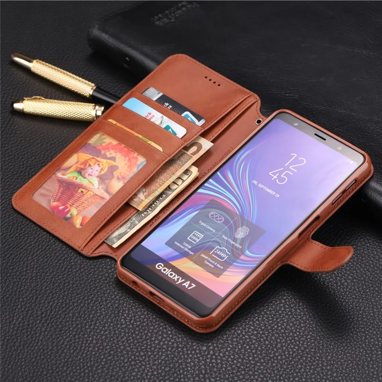 AZNS [Carteira de suporte] Capa de couro flip para Samsung Galaxy A7 (2018) A750 - Marrom