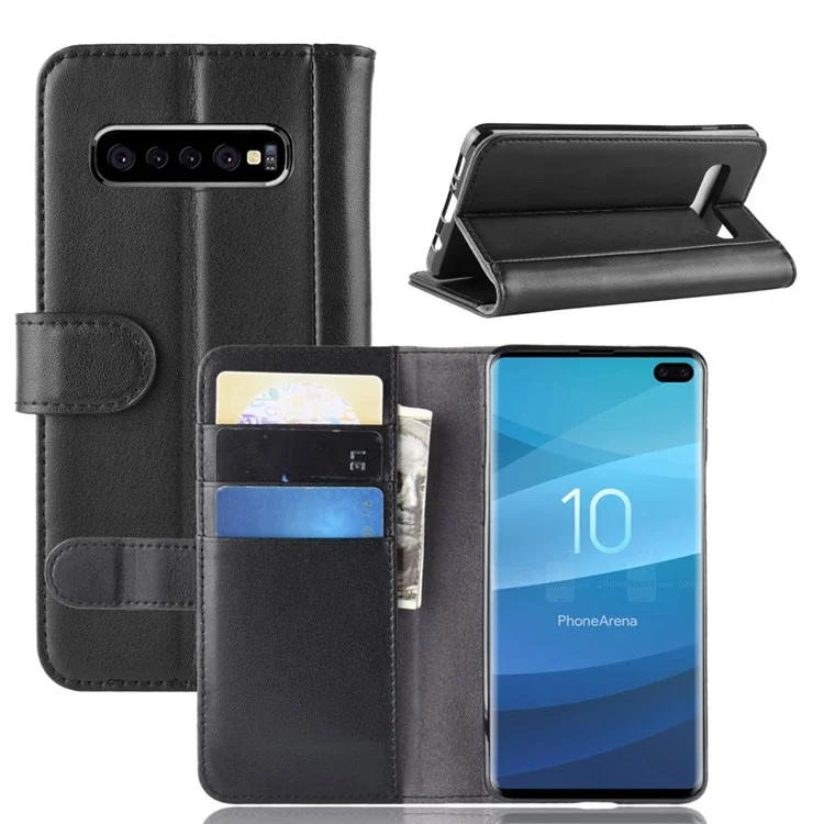 Genuine Split Leather Card Holder Stand Phone Case for Samsung Galaxy S10 Plus - Black