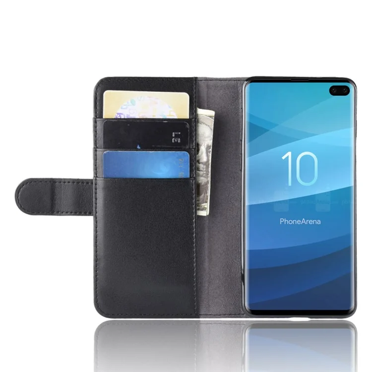Carteira de Couro Genuíno Dividido com Suporte de Celular para Samsung Galaxy S10 Plus - Preto