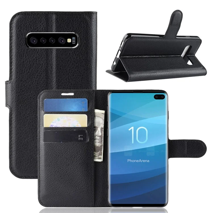 Litchi Skin Magnetic Leather Stand Toupe Para Samsung Galaxy S10 Plus Folio Flip Wallet Case - Preto