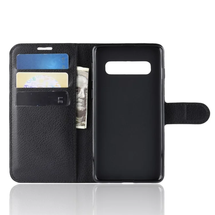 Litchi Skin Magnetic Leather Stand Cover for Samsung Galaxy S10 Plus Folio Flip Wallet Phone Case - Black