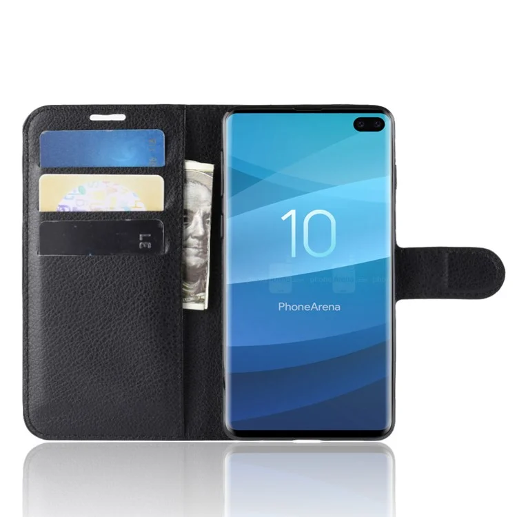 Litchi Skin Magnetic Leather Stand Cover for Samsung Galaxy S10 Plus Folio Flip Wallet Phone Case - Black