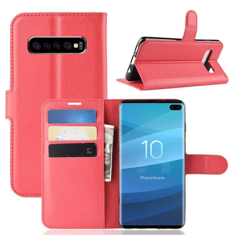 Litchi Skin Magnetic Leather Stand Cover for Samsung Galaxy S10 Plus Folio Flip Wallet Phone Case - Red