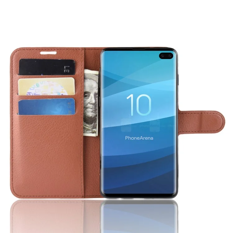 Litchi Skin Magnetic Leather Stand Cover for Samsung Galaxy S10 Plus Folio Flip Wallet Phone Case - Brown