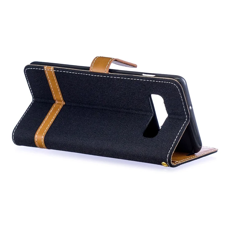 Capa Flip de Couro PU com Tecido Jeans Bicolor para Samsung Galaxy S10 Plus - Preto