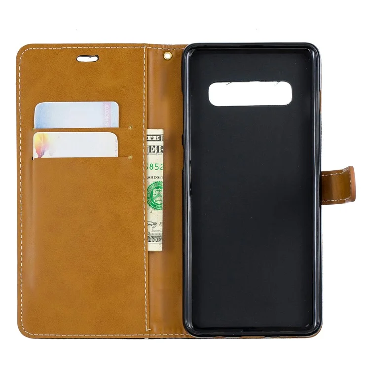 Capa Flip de Couro PU com Tecido Jeans Bicolor para Samsung Galaxy S10 Plus - Preto