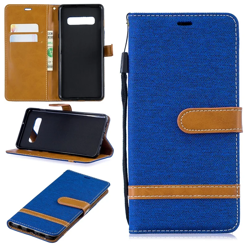 Two-tone Jean Cloth PU Leather Flip Protective Case for Samsung Galaxy S10 Plus - Baby Blue