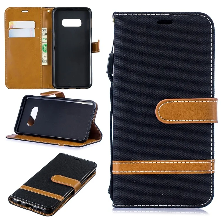 Capa de Couro PU de Tecido Jeans Bicolor para Samsung Galaxy S10e - Preto
