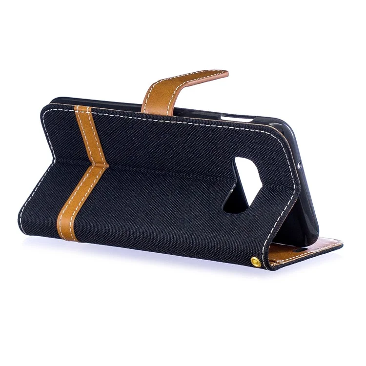 Capa de Couro PU de Tecido Jeans Bicolor para Samsung Galaxy S10e - Preto