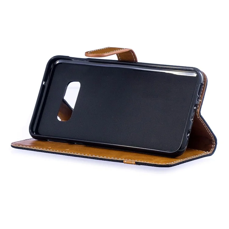 Capa de Couro PU de Tecido Jeans Bicolor para Samsung Galaxy S10e - Preto