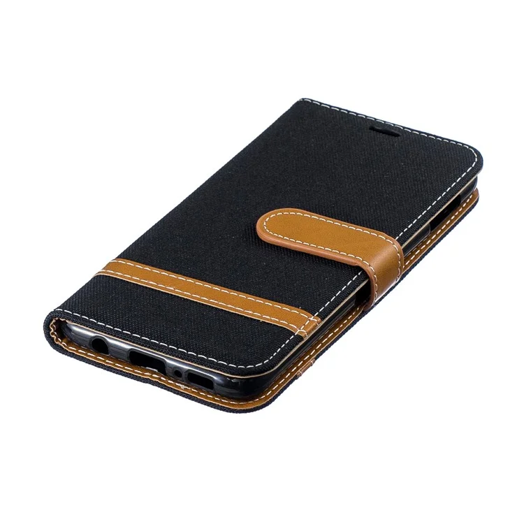 Capa de Couro PU de Tecido Jeans Bicolor para Samsung Galaxy S10e - Preto