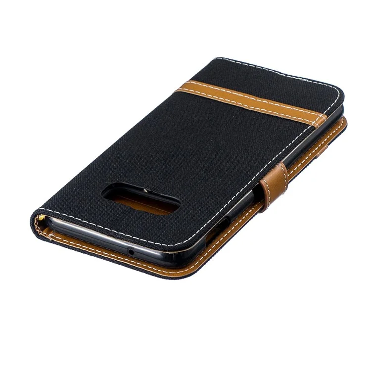 Capa de Couro PU de Tecido Jeans Bicolor para Samsung Galaxy S10e - Preto
