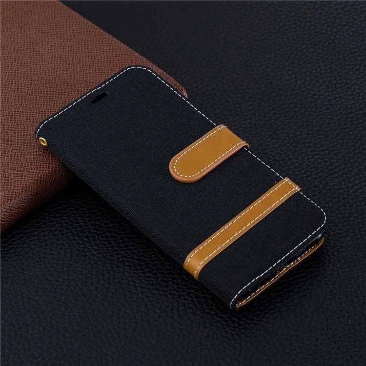Capa de Couro PU de Tecido Jeans Bicolor para Samsung Galaxy S10e - Preto