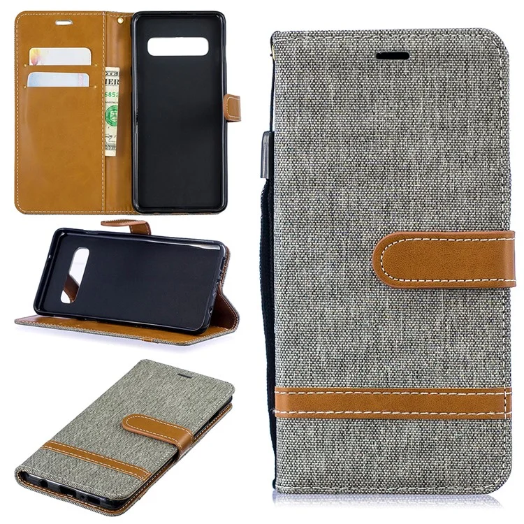 Two-tone Jean Cloth PU Leather Flip Cover for Samsung Galaxy S10 - Grey