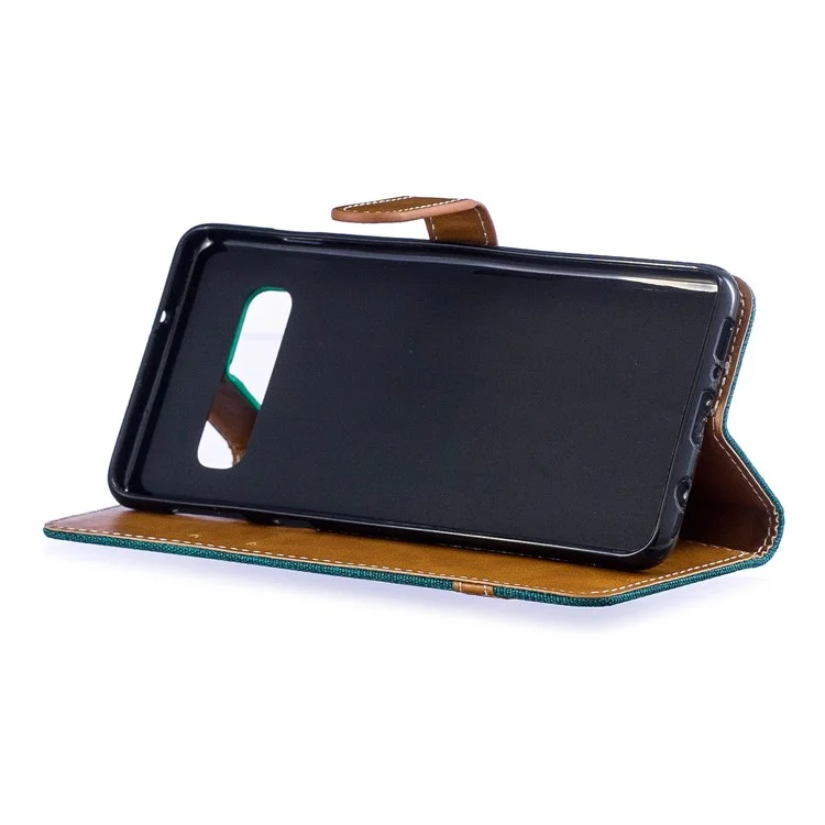 Two-tone Jean Cloth PU Leather Flip Mobile Phone Case for Samsung Galaxy S10 - Green