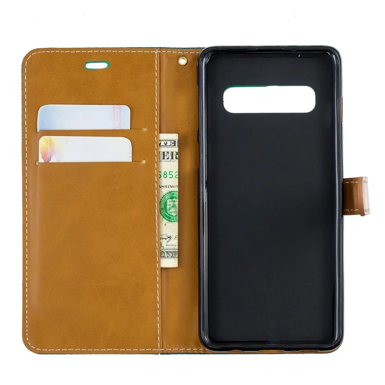 Two-tone Jean Cloth PU Leather Flip Mobile Phone Case for Samsung Galaxy S10 - Green