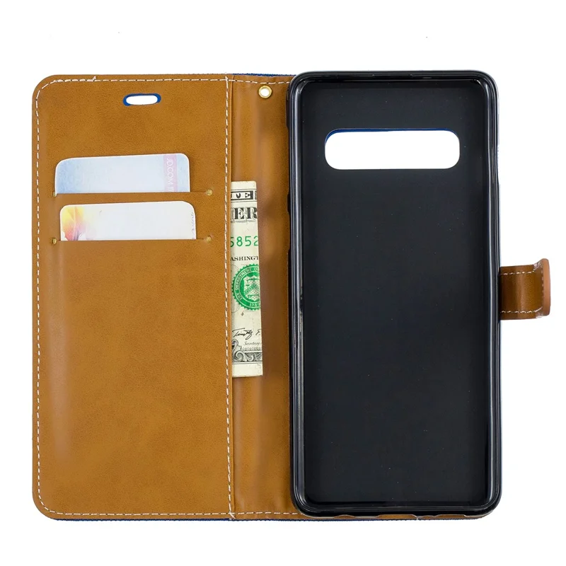 Two-tone Jean Cloth PU Leather Flip Protective Case for Samsung Galaxy S10 - Baby Blue