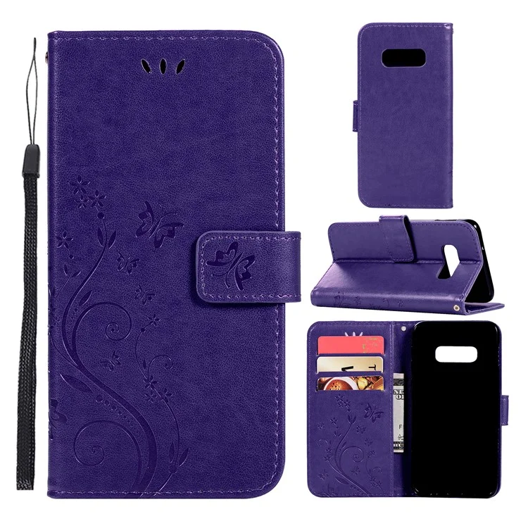 Imprint Butterfly Flower Leather Wallet Protective Cover for Samsung Galaxy S10 Plus - Purple
