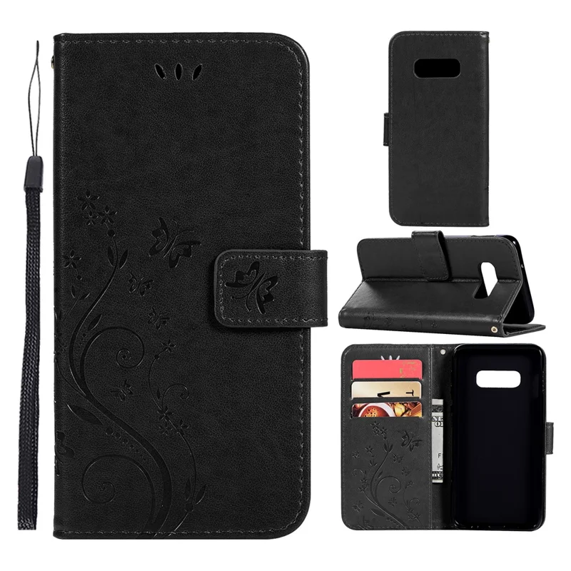 Imprint Butterfly Flower Leather Wallet Case for Samsung Galaxy S10e - Black