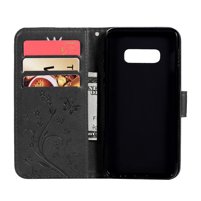 Imprint Butterfly Flower Leather Wallet Case for Samsung Galaxy S10e - Black