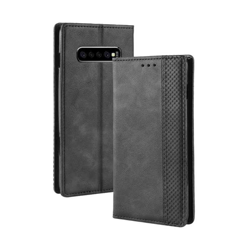 Vintage Style Leather Wallet Cover for Samsung Galaxy S10 Plus - Black
