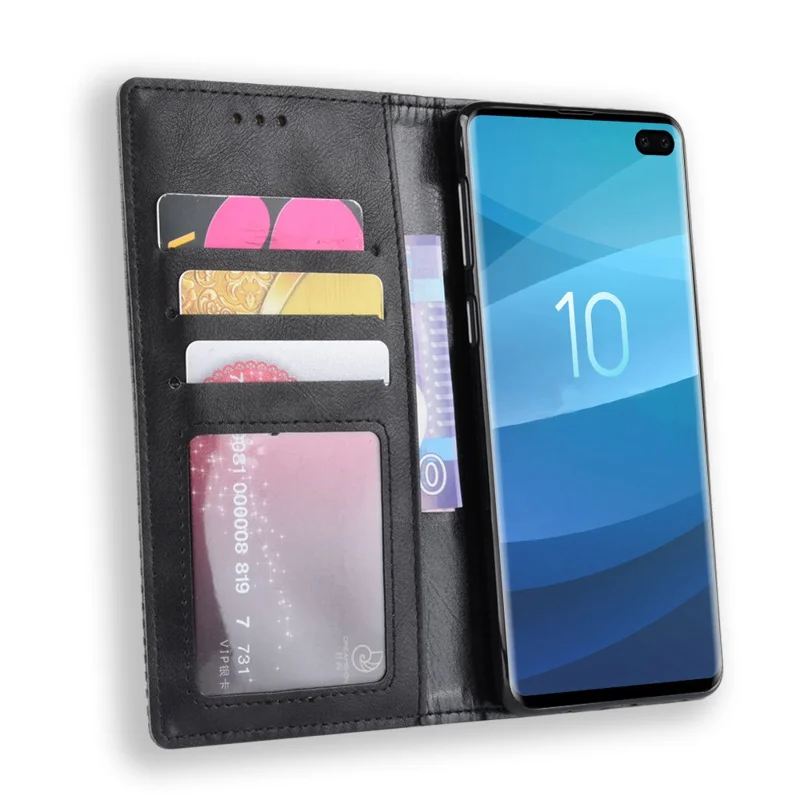 Vintage Style Leather Wallet Cover for Samsung Galaxy S10 Plus - Black