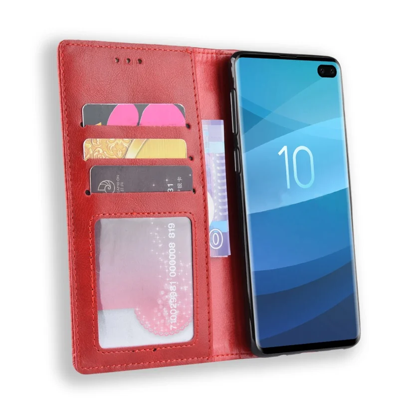 Vintage style portefølje i læder med stand til Samsung Galaxy S10 Plus - Rød