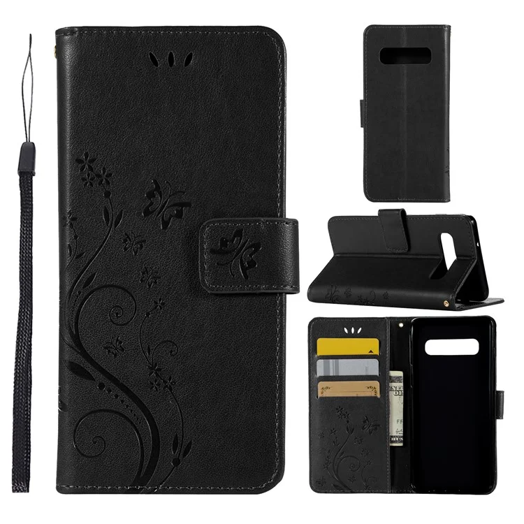 Impresión de la Caja de Cuero de Soporte de Flores de Mariposa Con Correa Para Samsung Galaxy S10 - Negro