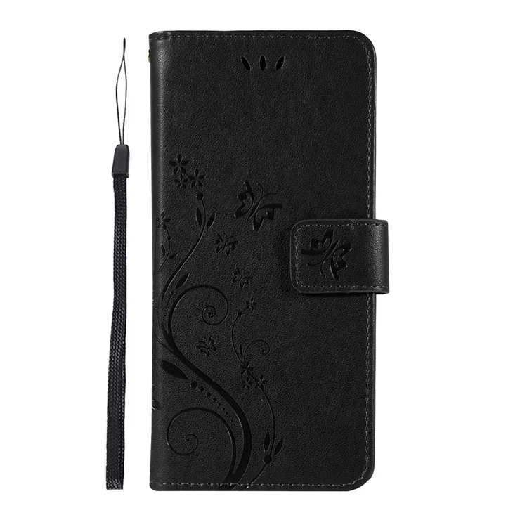 Imprint Butterfly Flower Stand Leather Case with Strap for Samsung Galaxy S10 - Black