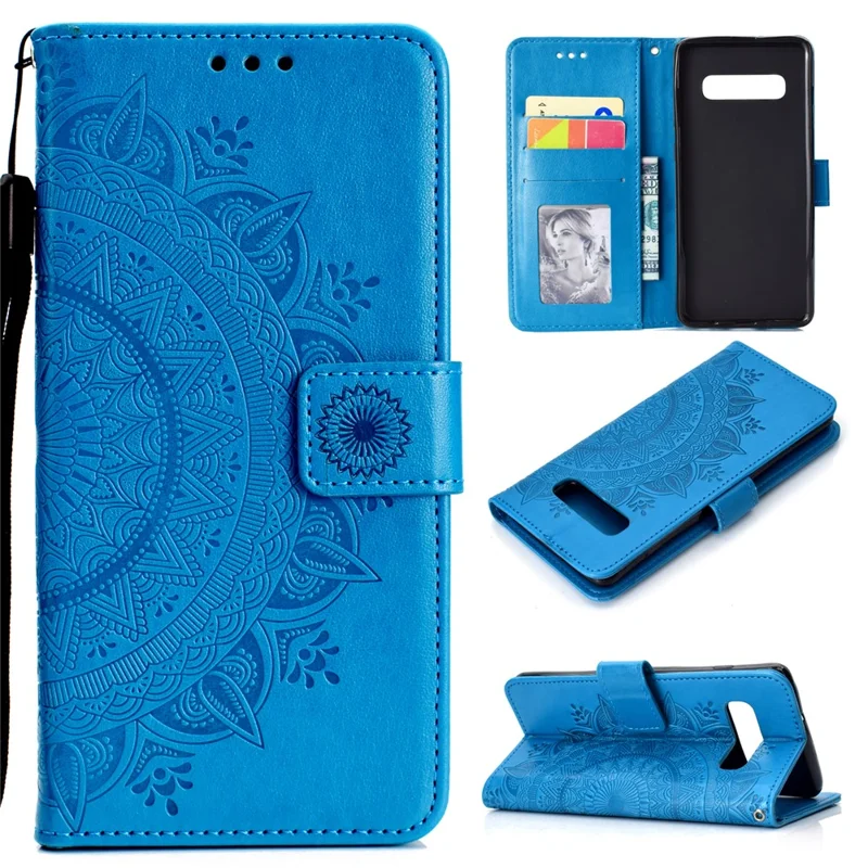 Imprinted Mandala Pattern PU Leather Mobile Case [Wallet Stand] for Samsung Galaxy S10 - Blue