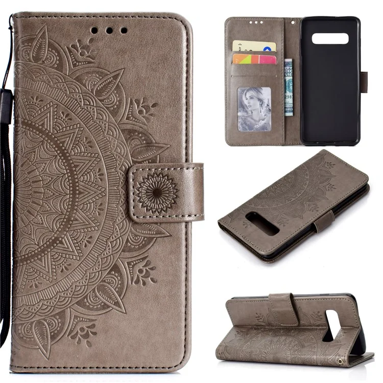 Capa de Couro com Estampa Mandala Estampada [Suporte para Carteira] para Samsung Galaxy S10 Plus - Cinza