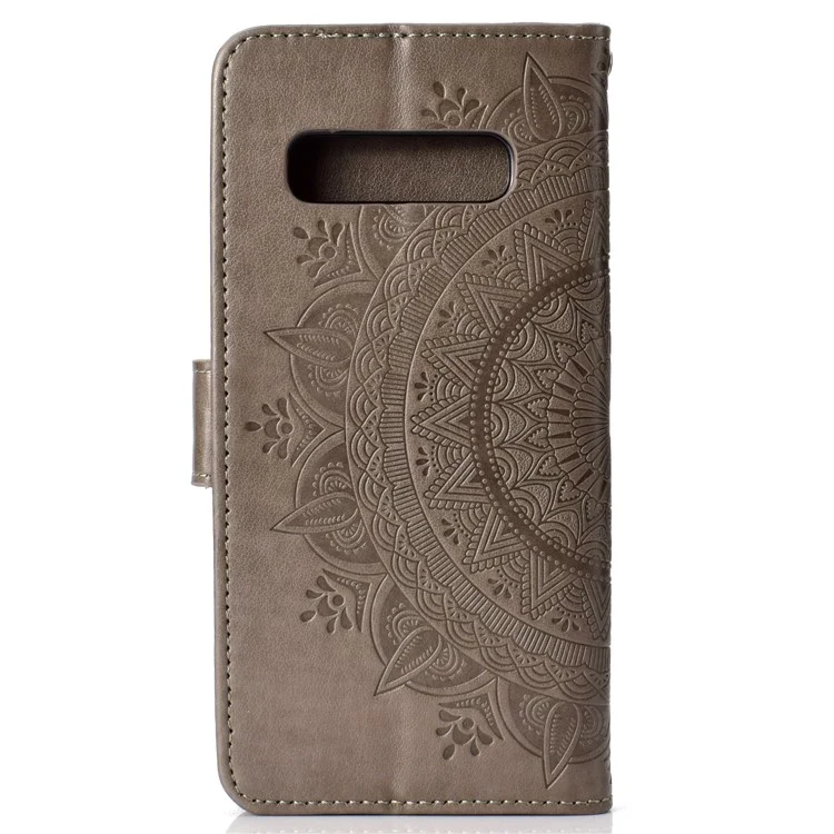 Capa de Couro com Estampa Mandala Estampada [Suporte para Carteira] para Samsung Galaxy S10 Plus - Cinza