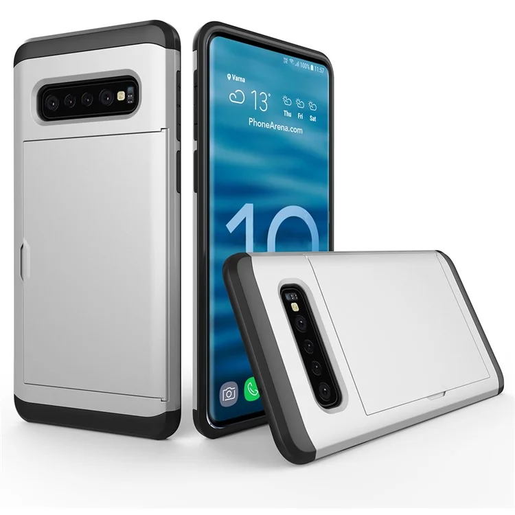 For Samsung Galaxy S10 Slide Card Holder Hybrid PC + TPU Phone Case - Silver