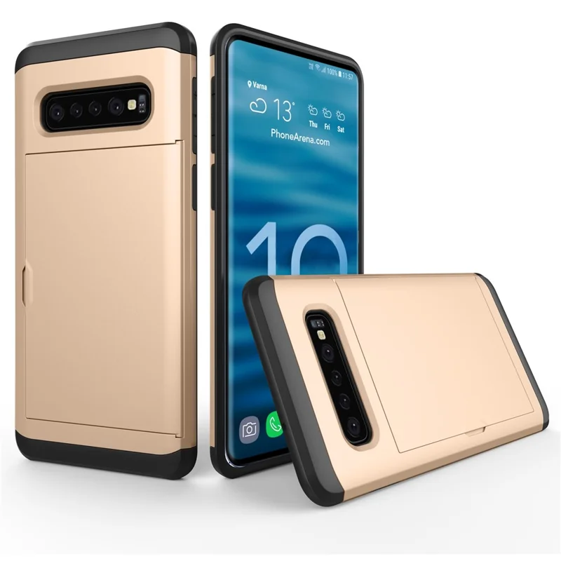 Para Samsung Galaxy S10 Slide Card Holder Hybrid PC + TPU Phone Shell - Ouro