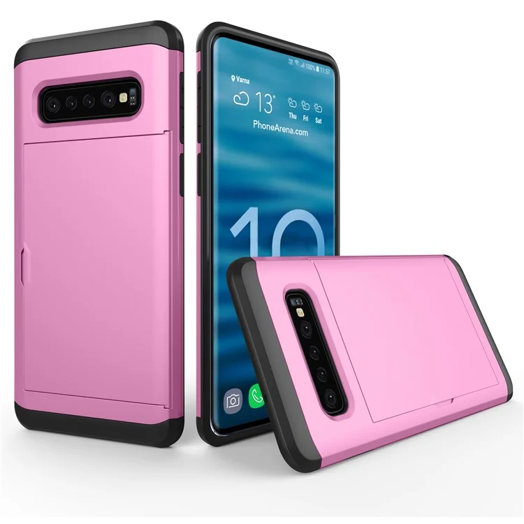 Pour Samsung Galaxy S10 Slide Carte Holder Hybrid PC + TPU Case Accessoir - Rose