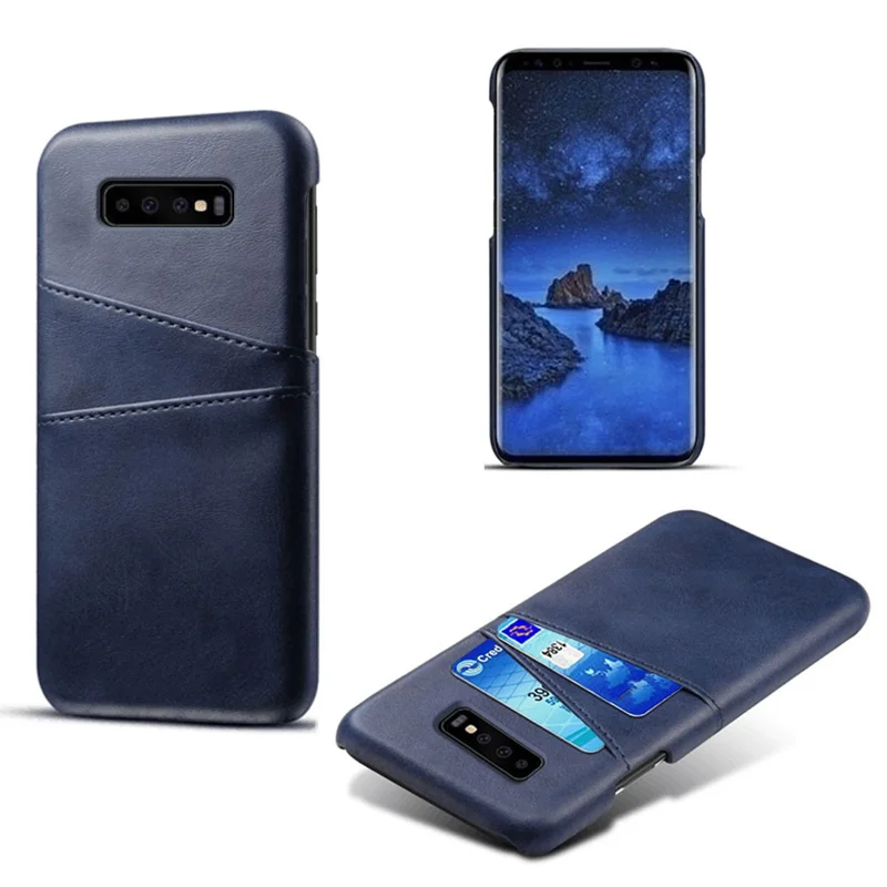 Dual Card Slots PU Leather Coated PC Cell Phone Cover for Samsung Galaxy S10 - Blue