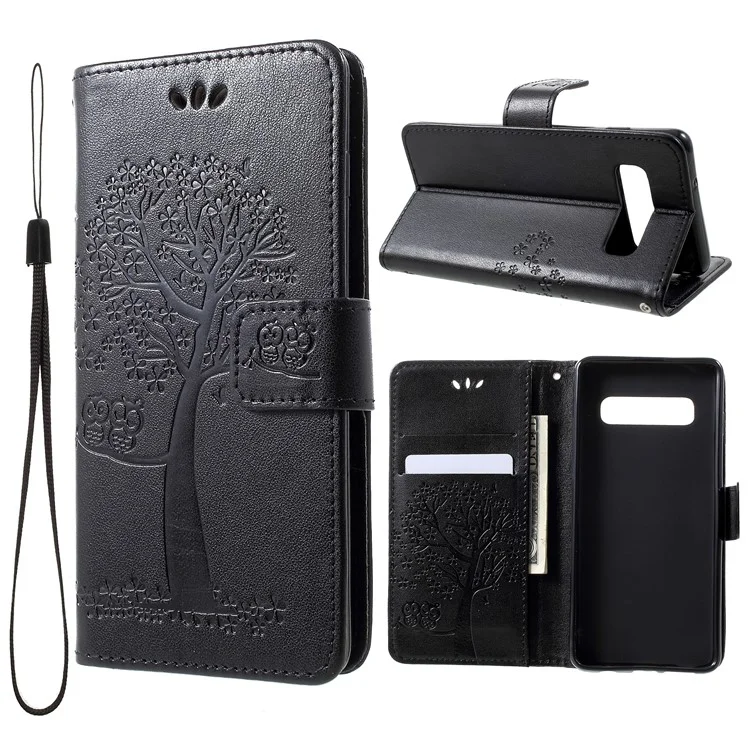 Imprint Tree Owl Pattern PU Leather Wallet Case for Samsung Galaxy S10 - Black