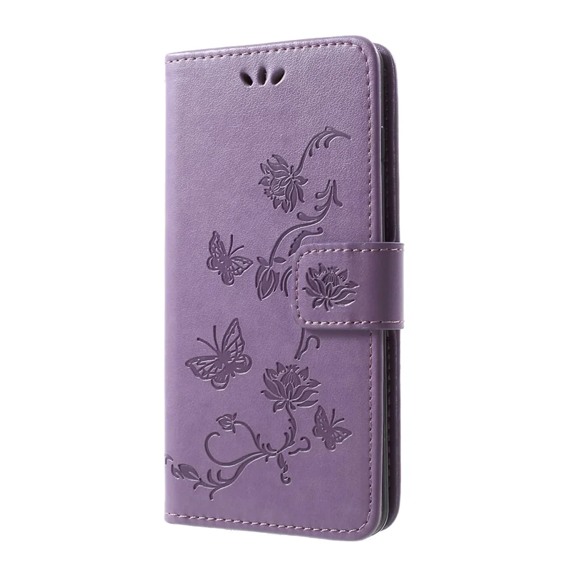 Imprint Butterfly Flower Wallet Stand Leather Flip Case for Samsung Galaxy S10 Plus - Light Purple