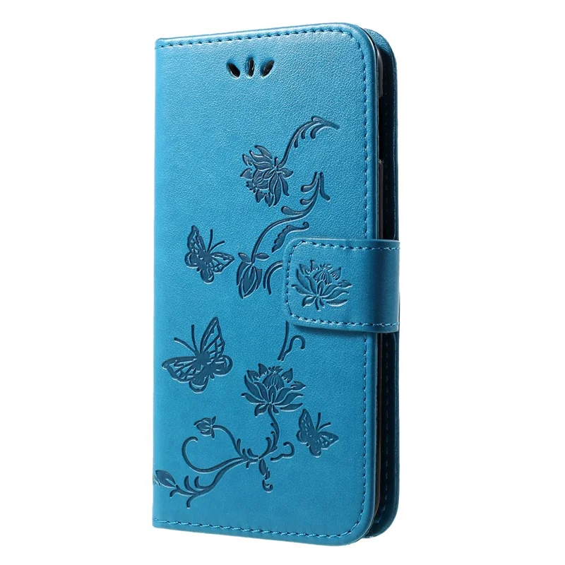 Imprint Butterfly Flower Wallet Stand Leather Cell Phone Case for Samsung Galaxy S10e - Blue