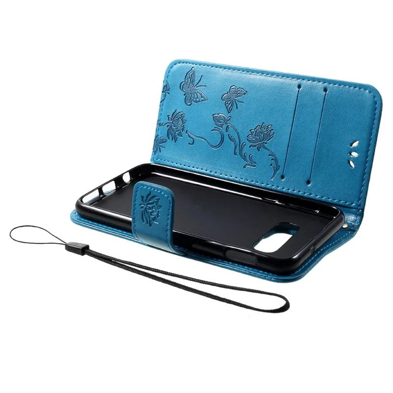 Imprint Butterfly Flower Wallet Stand Leather Cell Phone Case for Samsung Galaxy S10e - Blue
