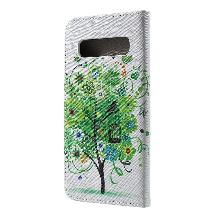 Pattern Printing Cross Texture Stand Leather Wallet Case for Samsung Galaxy S10 Plus - Green Tree