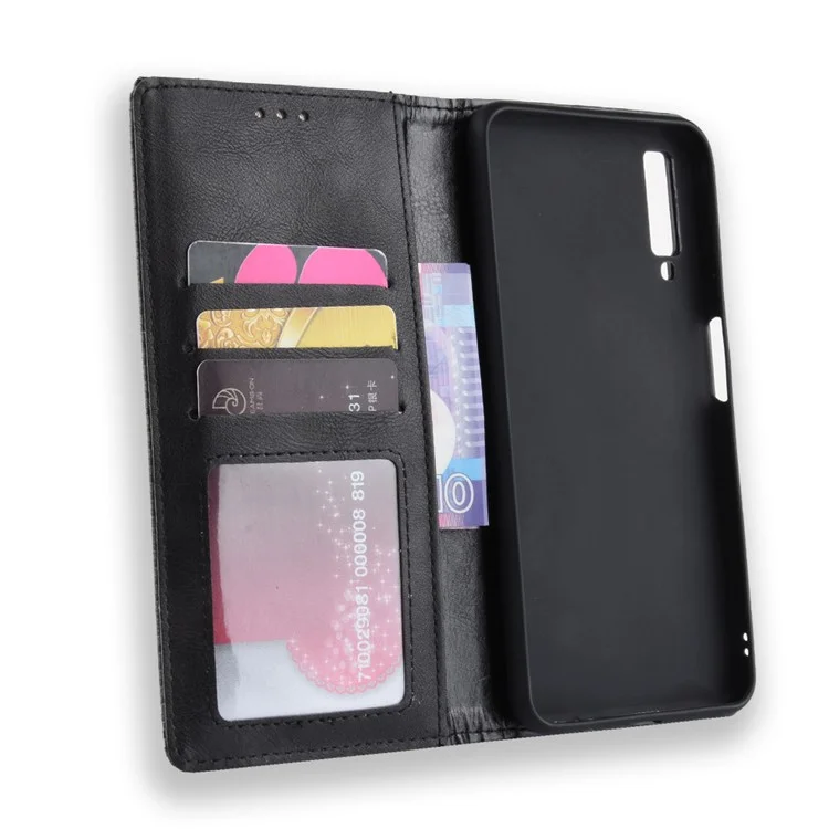 Capa de Carteira de Couro de Estilo Vintage Para o Samsung Galaxy A7 (2018) - Preto