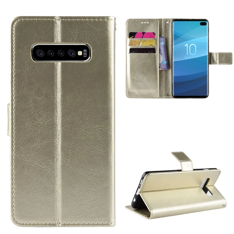 Crazy Horse Wallet Leather Phone Case with Strap for Samsung Galaxy S10 Plus - Gold