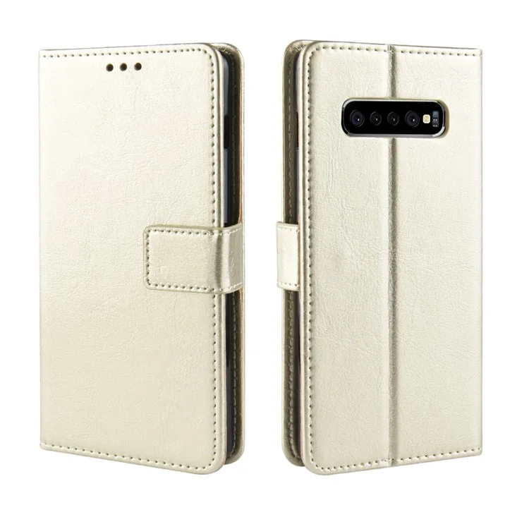 Crazy Horse Wallet Telephone Case Con Correa Para Samsung Galaxy S10 Plus - Oro