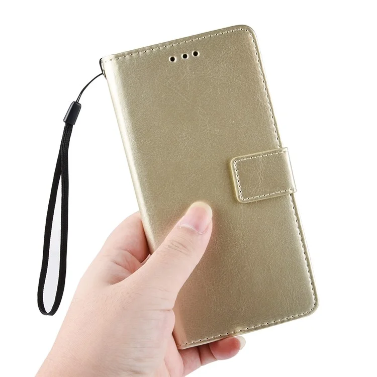 Crazy Horse Wallet Leather Phone Case with Strap for Samsung Galaxy S10 Plus - Gold