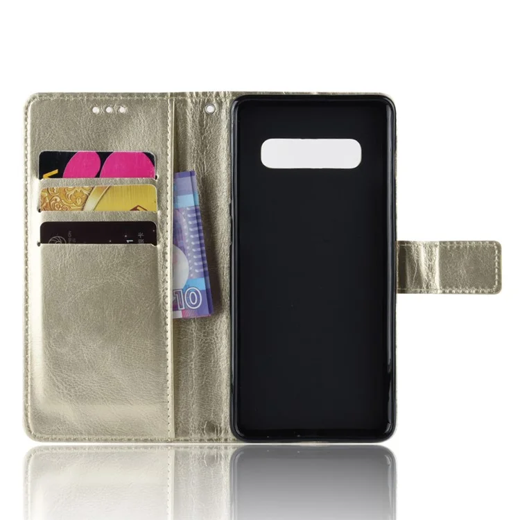 Crazy Horse Wallet Telephone Case Con Correa Para Samsung Galaxy S10 Plus - Oro