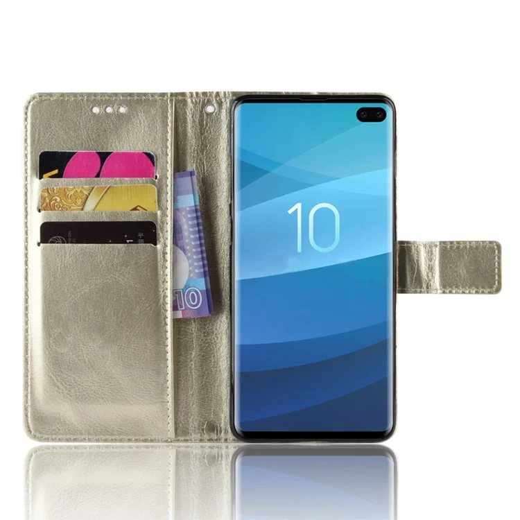 Crazy Horse Wallet Telephone Case Con Correa Para Samsung Galaxy S10 Plus - Oro