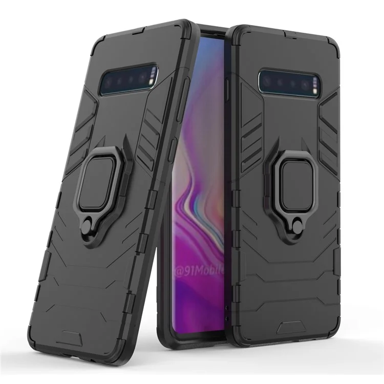 Finger Ring Kickstand PC + TPU Hybrid Case for Samsung Galaxy S10 Plus - Black