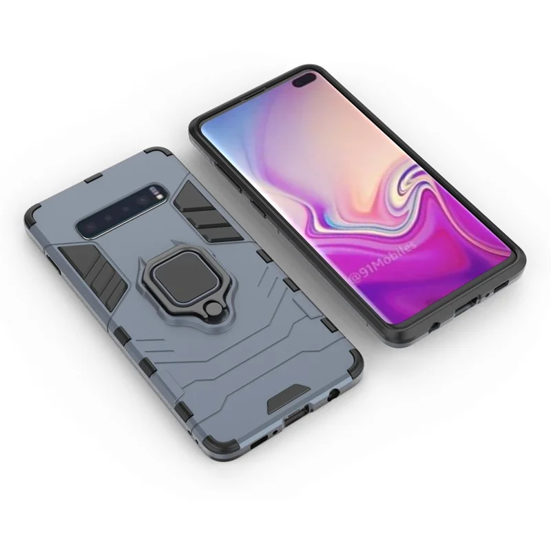 Finger Ring Kickstand PC + TPU Hybrid Phone Cover for Samsung Galaxy S10 Plus - Dark Blue