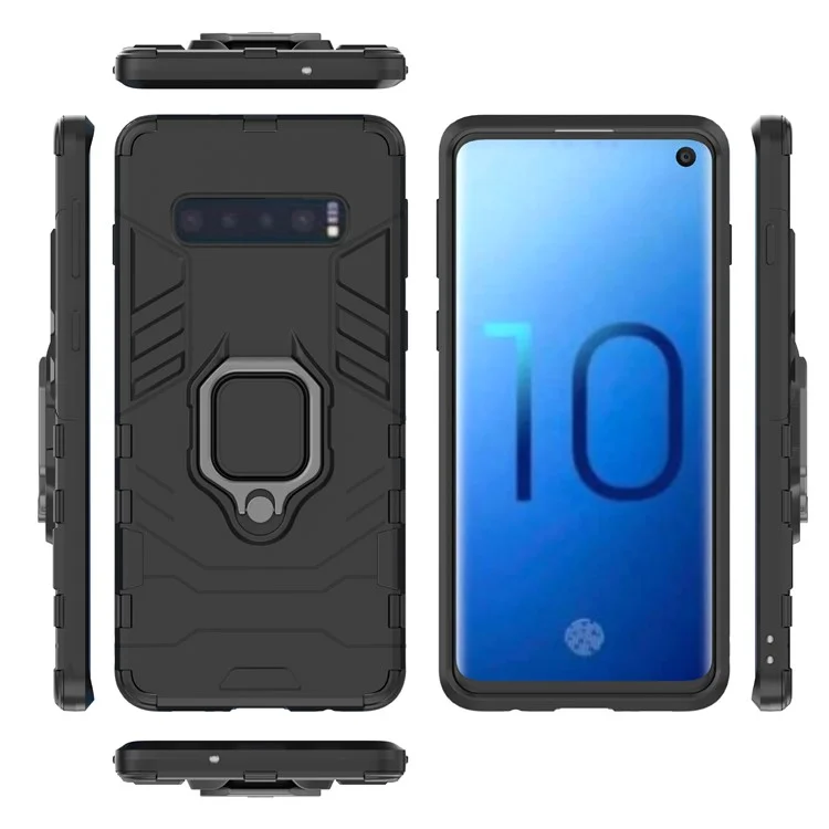 For Samsung Galaxy S10 Finger Ring Kickstand PC + TPU Hybrid Mobile Case - Black